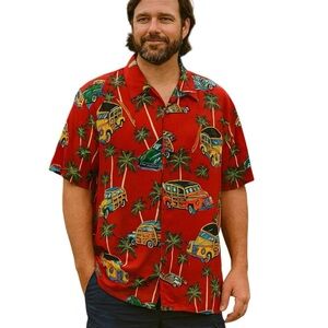Men’s Box Office Island XL Red Short Sleeve Hawaiian Print Surf Button Shirt